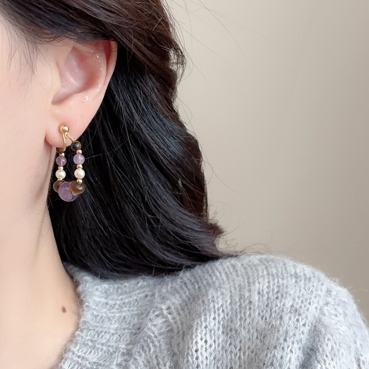 「紫调」紫水晶耳圈耳夹女无耳洞耳饰新款高级感轻奢复古耳环秋冬