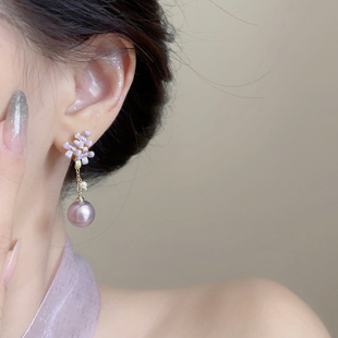 「紫雏菊」紫色花朵珍珠耳夹女无耳洞耳饰新款复古流苏高级感耳环