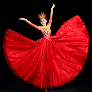 新款 中国红古典舞蹈服纱衣万疆表演出服飘逸 开场舞大摆裙灯火里