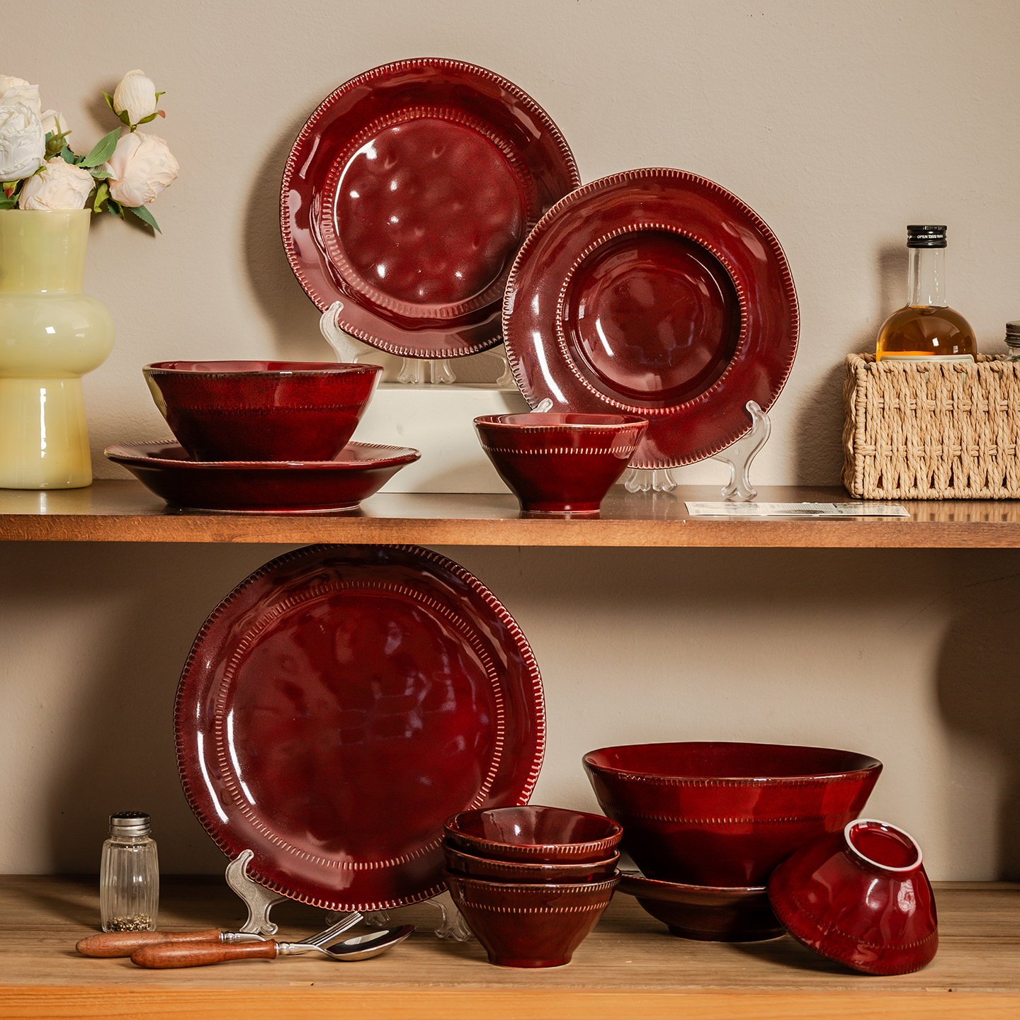 陶瓷中式餐具窑变红米饭碗餐盘