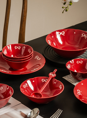 红色碗碟餐具面碗家用2025新款中式碗具盘子餐盘结婚新婚新人礼物