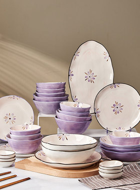 紫色家用碗碟套装陶瓷日式餐具碗盘小清新乔迁送礼米饭碗筷风铃花