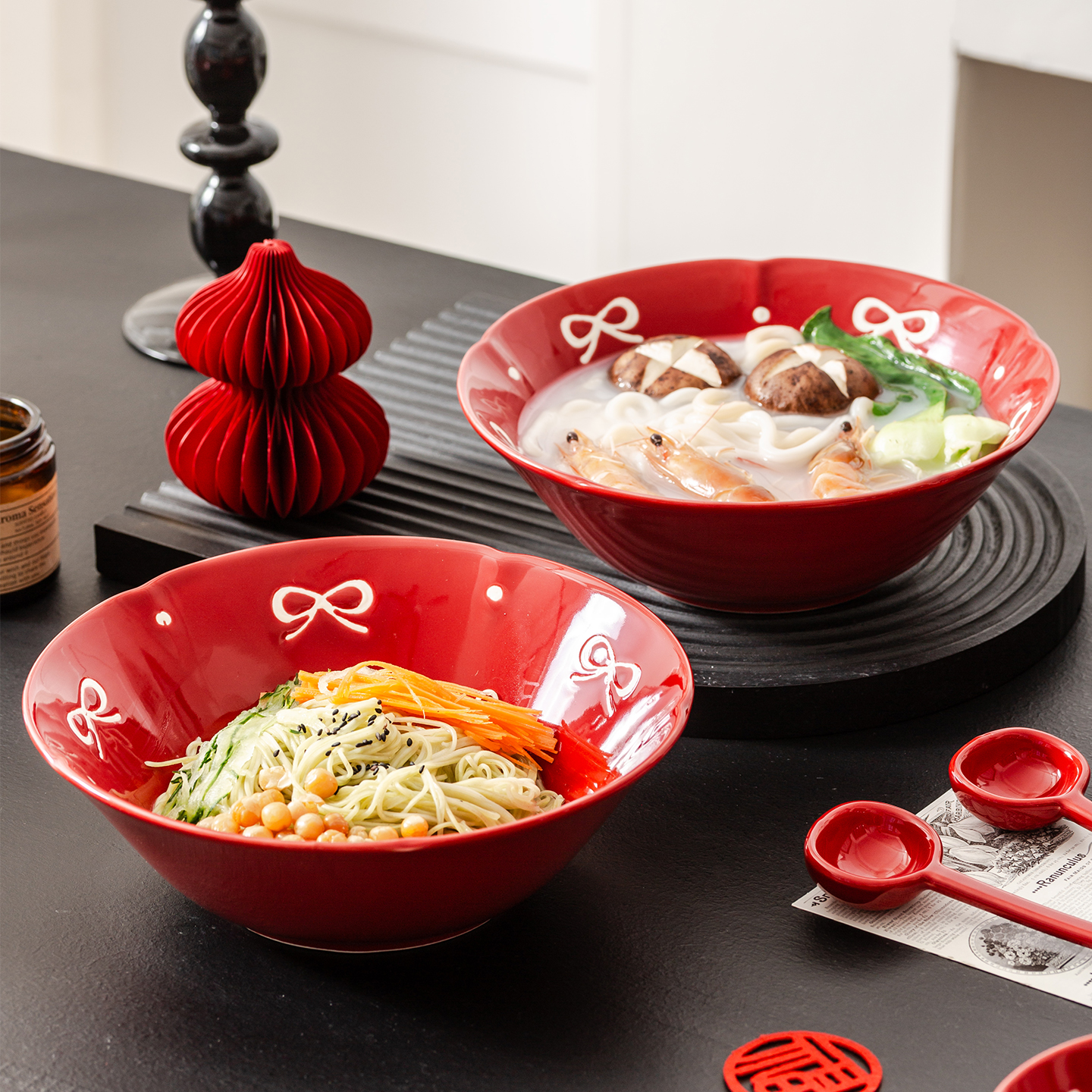 红色斗笠碗家用釉下彩拉面碗