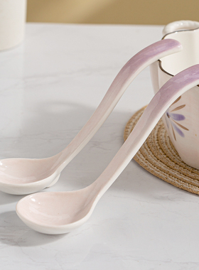 釉下彩紫色陶瓷大汤勺家用盛汤大号长柄喝汤勺耐高温高颜值勺子