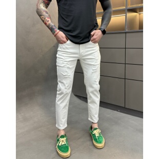 春生同款春季新款时尚休闲百搭破洞男士修身小脚九分牛仔裤865
