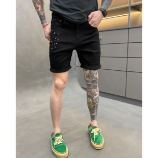 春生同款春季新款时尚休闲百搭纯色净版泼墨男士牛仔短裤2611