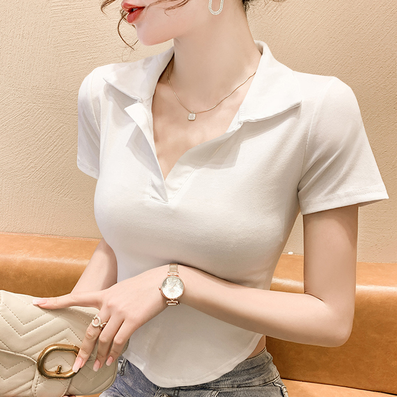 潮牌短袖t恤女修身显瘦Polo衫法式高腰薄款复古上衣黄色体恤衫女