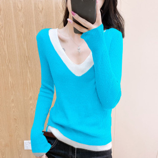 减龄线衣女士显瘦针织打上衣打底衫 毛衣洋气 女拼接黄色假两件长袖