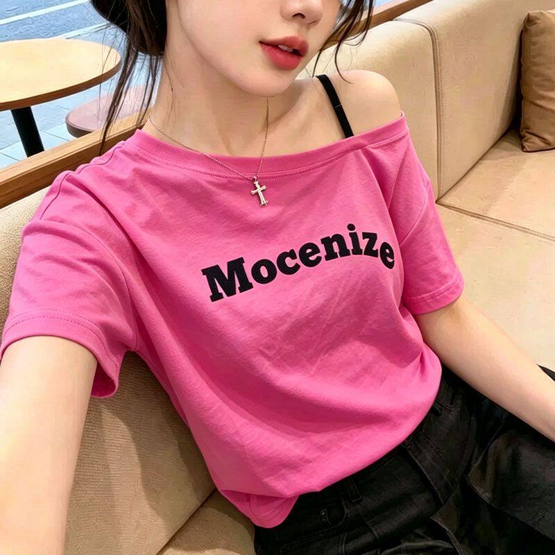 2026 夏季新款玫红色斜肩字母印花短袖T恤女休闲百搭显瘦露肩上衣