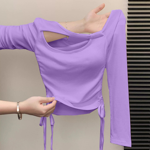 2026遮肉纯欲镂空短款T恤长袖斜肩新款辣妹抽绳修身爆款上衣显瘦