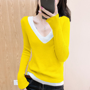 减龄线衣女士显瘦针织打上衣打底衫 毛衣洋气 女拼接黄色假两件长袖