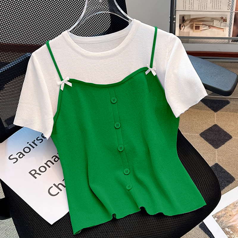 撞色吊带拼接假两件短袖T恤