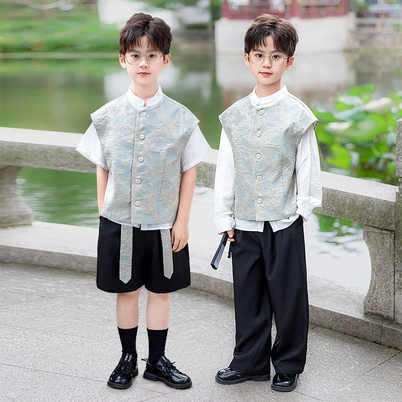 儿童新中式马甲套装提花刺绣马褂背心男童唐装主持演出服周岁礼服