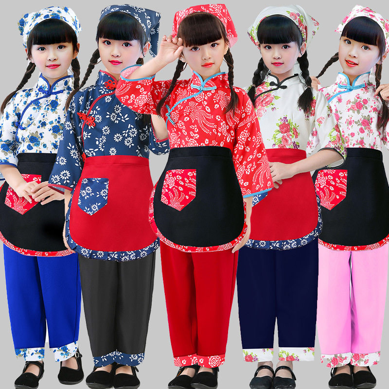 儿童村姑碎花衣服舞台话剧表演出服装女童采茶舞蹈古装阿庆嫂套装
