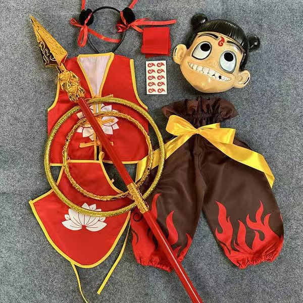 哪咤儿童服装同款动漫哪吒衣服万圣节幼儿园舞蹈道具全套兵器面具