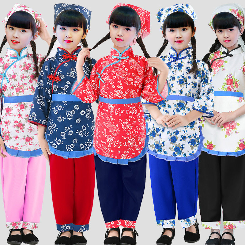 儿童村姑服采茶秧歌舞蹈农民阿庆嫂碎花舞台话剧表演出服装