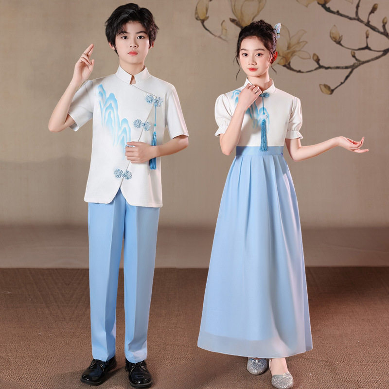儿童小学生幼儿中国风蓝色女童合唱爱国演讲朗诵比赛礼服演出服装
