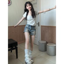 美式复古牛仔短裤女夏季薄款外穿高腰紧身弹力a字超短辣妹热裤子
