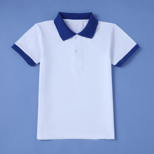 儿童夏天短袖白色T恤POLO衫男女童纯棉白衣蓝领袖口上衣学生校服