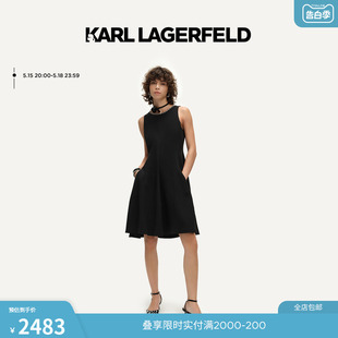 KARL LAGERFELD卡尔拉格斐2024夏款 钻饰圆领黑色伞摆连衣裙老佛爷