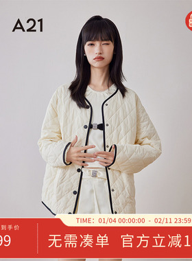 A21女装小香风薄短棉服春季2024新品宽松V领百搭排扣撞色简约外套