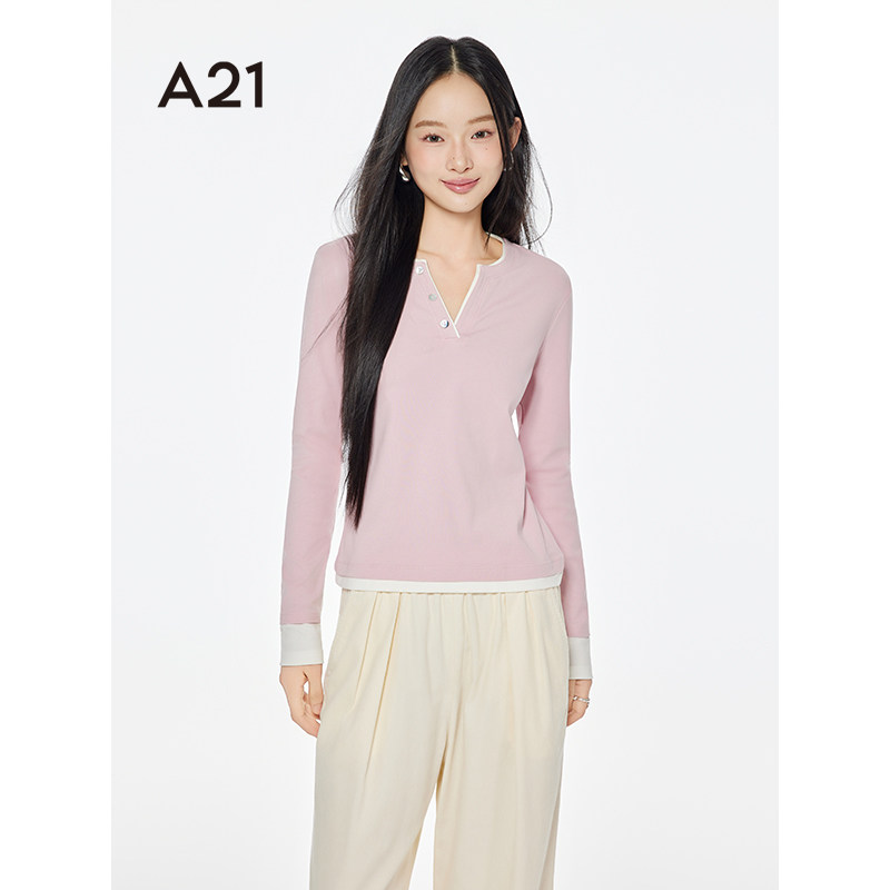 A21女装拼接撞色假两件长袖T恤春新款简约设计感V领套头修身上衣