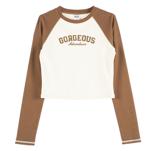 A21女装美式撞色设计感短款上衣新款休闲针织修身圆领插肩长袖T恤