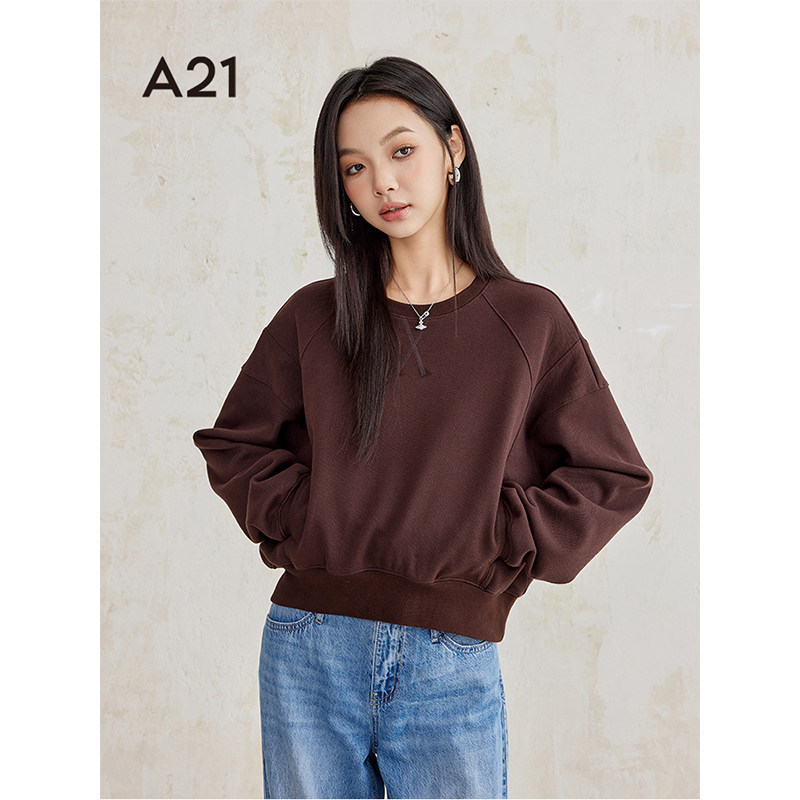 A21女装套头短款卫衣2024秋季新款宽松圆领落肩长袖简约百搭上衣