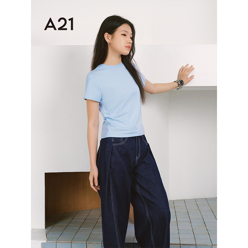 A21女装四色可选短袖套头T恤春夏新款韩版修身显瘦圆领短款上衣