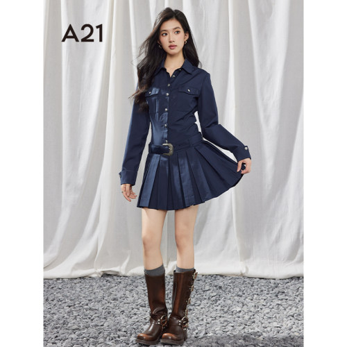 A21女装宝蓝气质连衣裙2025春季新款简约翻领长袖修身百褶A字裙