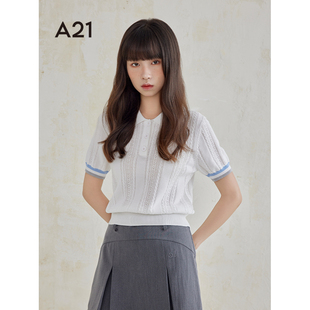 短袖 女士夏季 A21美式 POLO衫 新款 撞色条纹T恤打底衫