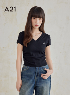 A21女装修身V领短袖T恤夏季纯色简约短款休闲纯色基础打底上衣女