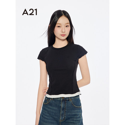 A21女装拼接假两件T恤修身上衣