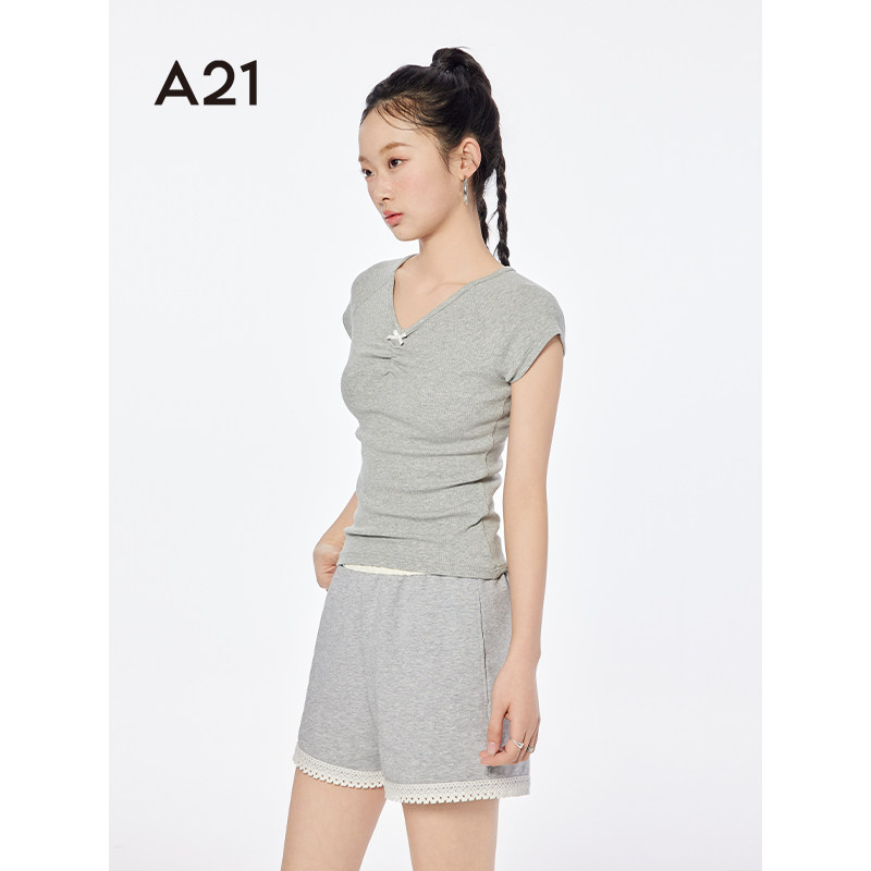 A21女装V领褶皱蝴蝶结短款T恤夏季新款简约修身短袖套头微弹上衣