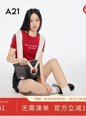 A21女装红色修身显瘦T恤2025夏季新款简约休闲字母印花短袖棉上衣