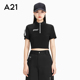 A21女装街头潮酷短T恤女夏新款修身短袖拉链设计感口袋上衣