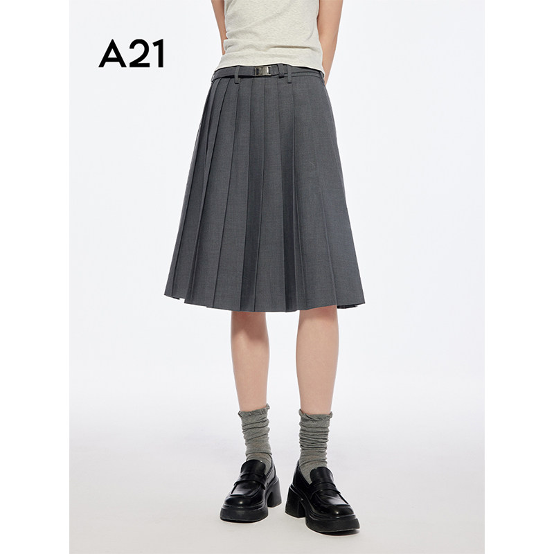 A21女装A字群系带半身裙夏季新品简约中长裙显瘦百褶裙F452217002