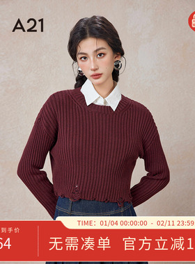 A21女装简约破洞打底衫春秋季宽松圆领小落肩套头欧美风长袖线衫
