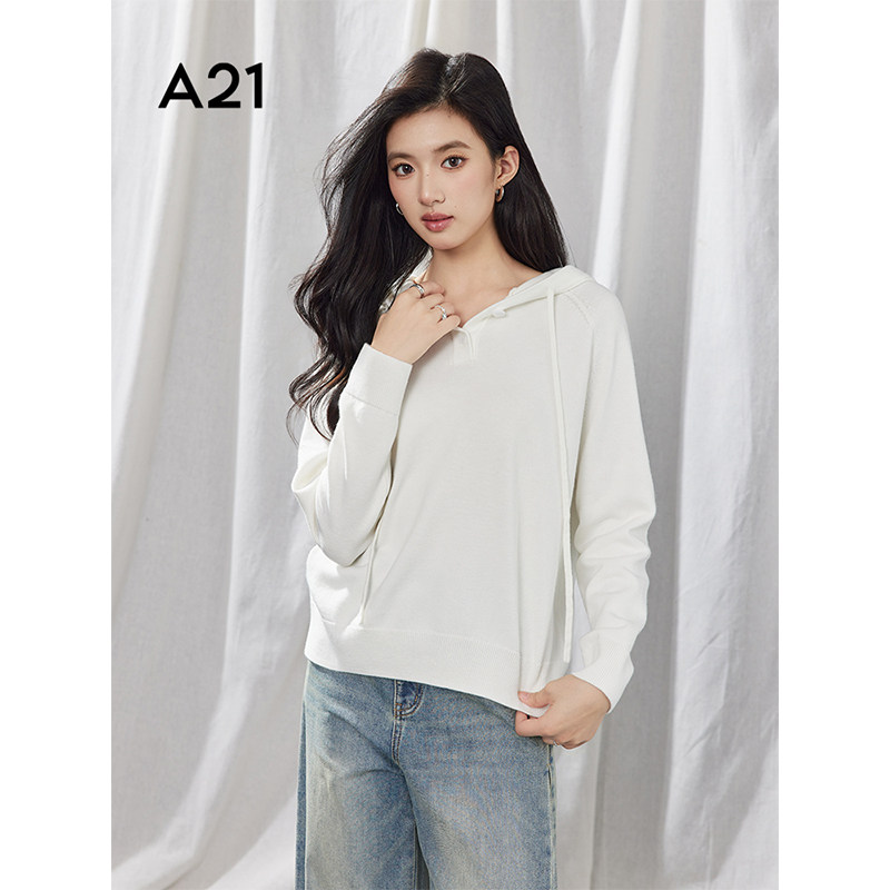 A21女装三色可选连帽毛针织衫2025春季新款简约宽松长袖套头上衣