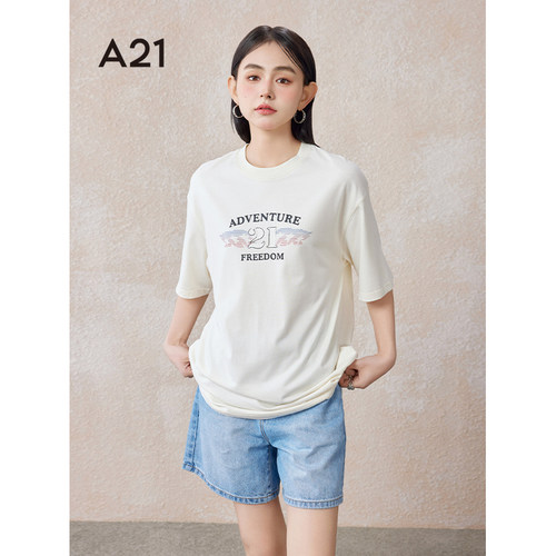A21女装宽松显瘦圆领落肩袖T恤
