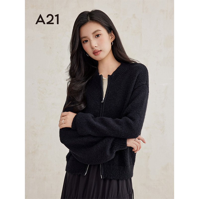 A21女装拉链圆领开衫毛针织衫图片