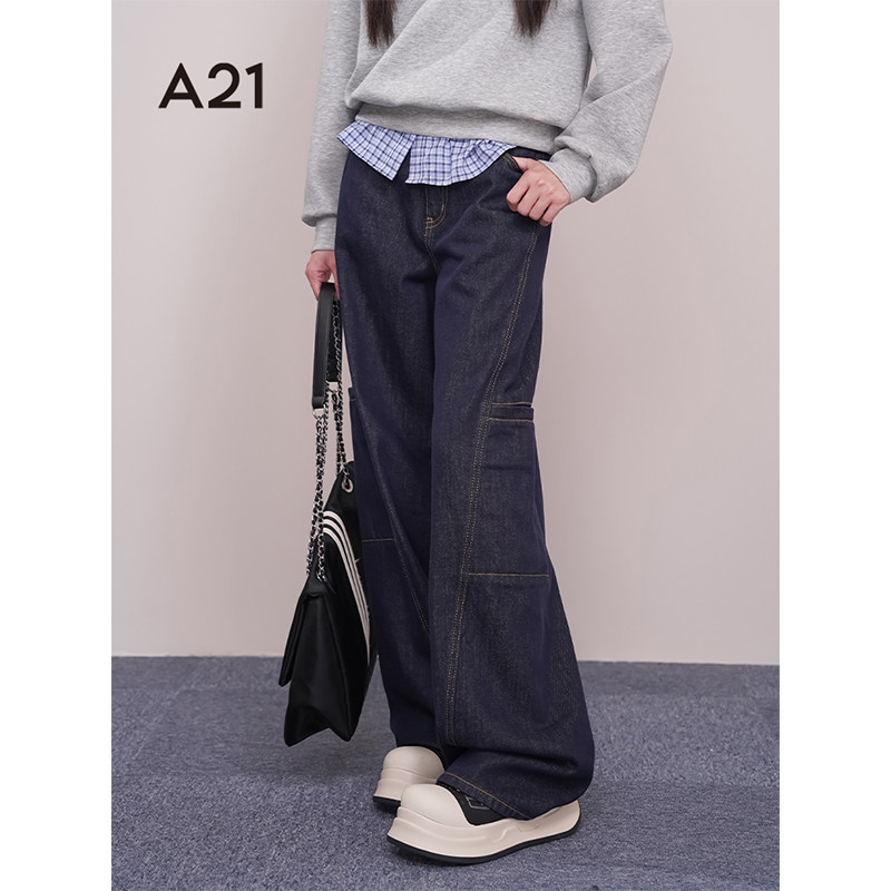 A21女装宽松长裤明线阔腿牛仔裤图片