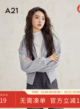 A21女装黑色短款开衫加绒卫衣2024冬季新款设计感宽松插肩袖外套