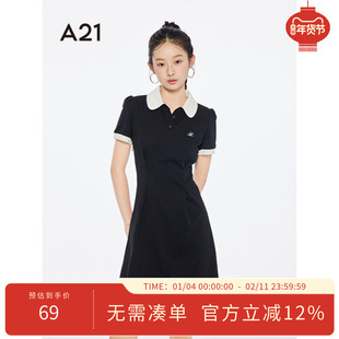 A21女装学院风修腰显瘦连衣裙2025夏新款设计感娃娃领包袖中长裙
