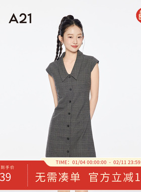 A21女装灰色格子翻领连衣裙2025夏季新款简约短裙修身高腰A字裙