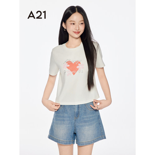 A21女装三色可选爱心印花棉T恤