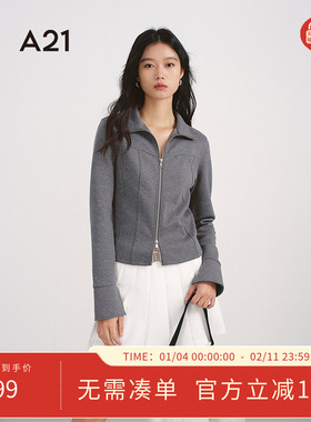 A21女装黑色短外套2025春新品韩版小众拉链开衫卫衣长袖立领上衣
