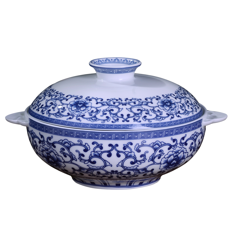 景德鎮(zhèn)青花瓷大湯碗帶蓋雙耳湯鍋湯盆品鍋陶瓷中式家用湯碗餐具碗