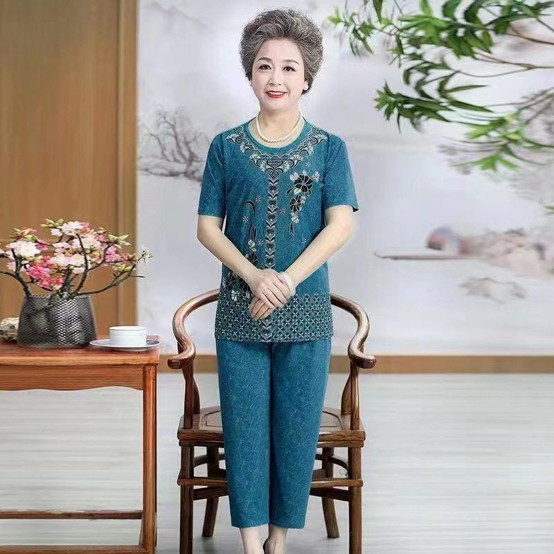 妈妈套装夏装老人衣服奶奶夏季休闲时尚中老年套装女士短袖冰丝女