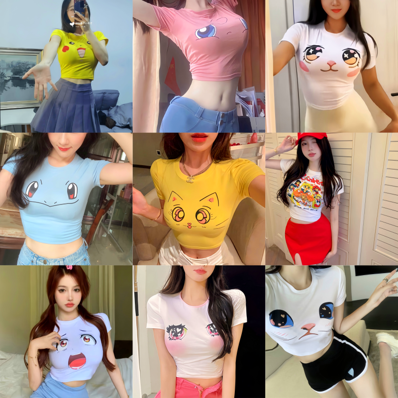 大眼睛卡通辣妹短袖t恤女夏季修身短款正肩收腰显瘦皮卡丘衣服上